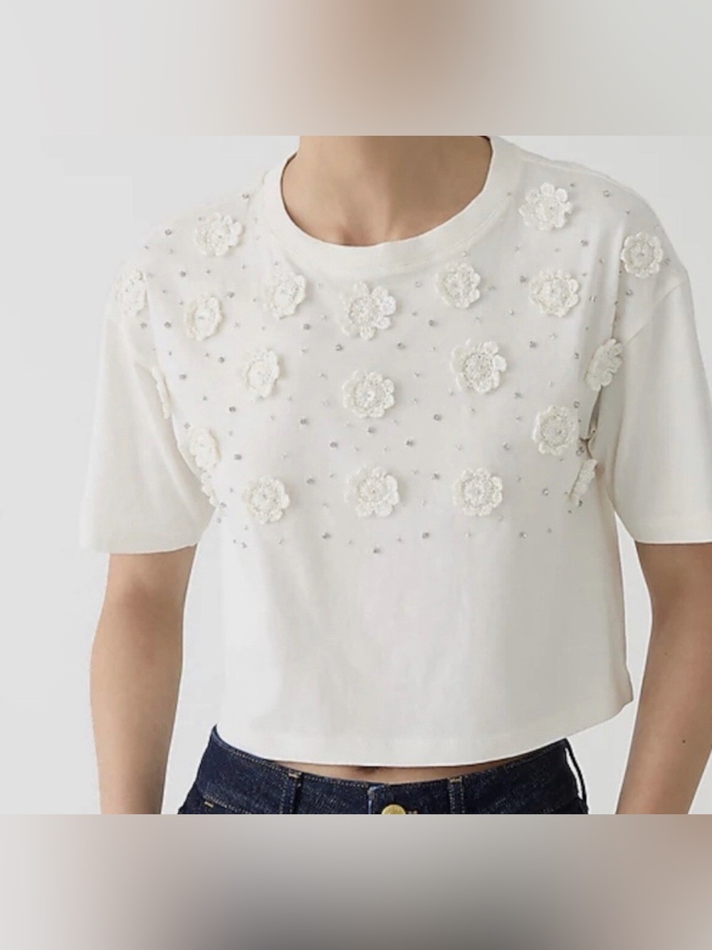 J Crew Cropped White T-shirt with crochet floral appliqués Large NWOT